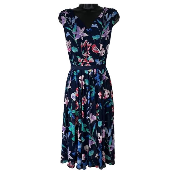 talots Dresses & Skirts - Talbots Women's Size 6 Navy Blue Floral Midi Cocktail Dress Short Sleeve Belted